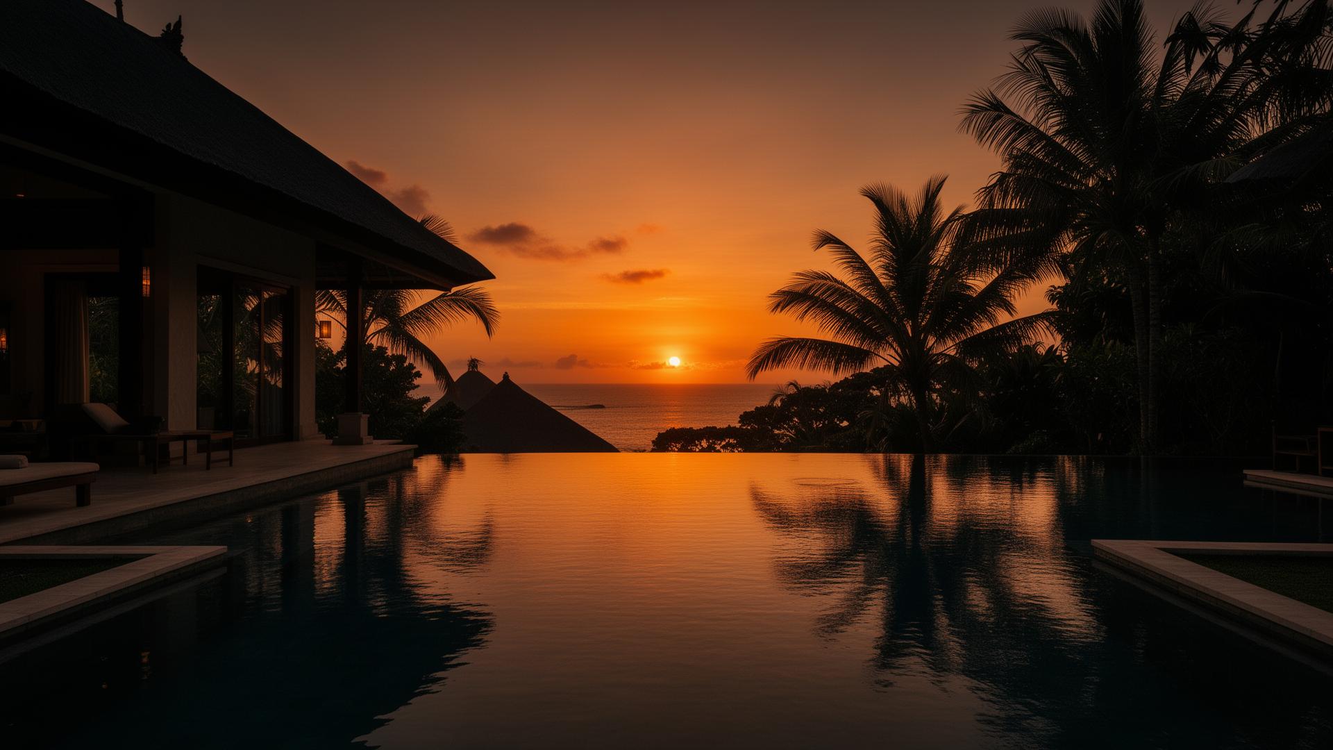 Piscine d'une villa de luxe à Bali au coucher du soleil